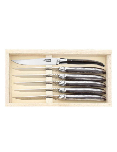 Set in scatola di 6 coltelli da balestra G.DAVIDLaguiole 21 cm in acciaio inox manico in corno nero bolster in acciaio inox