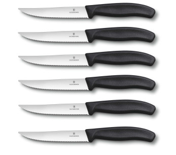 6 Facas para bifes Victorinox com cabo preto e lâmina serrilhada de 12 cm