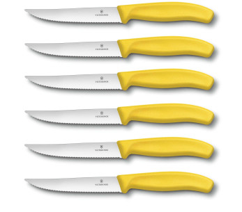 6 Facas para bifes Victorinox Lâmina serrilhada de 12 cm Cabo amarelo
