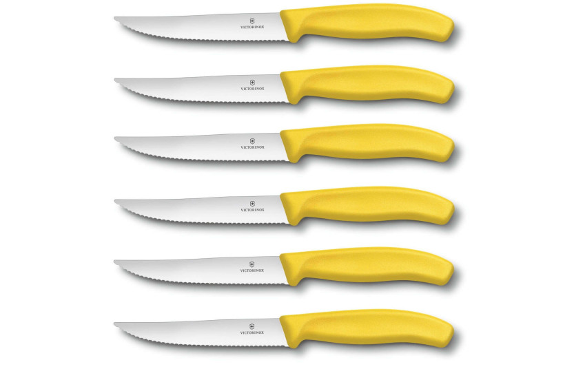6 coltelli da bistecca Victorinox con lama seghettata da 12 cm e manico giallo
