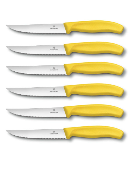 6 coltelli da bistecca Victorinox con lama seghettata da 12 cm e manico giallo