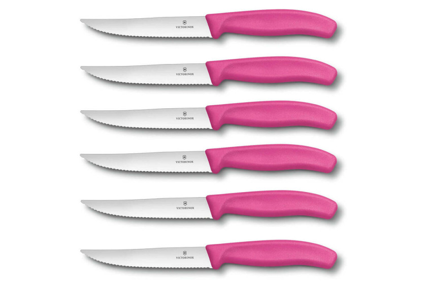 6 Victorinox Steakknive 12 cm savtakket blad pink skaft