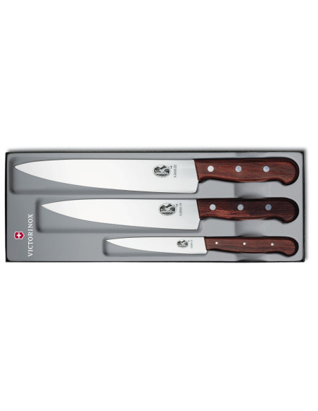 Sæt med 3 Victorinox-køkkenknive, håndtag af rosentræ