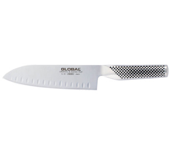 G80 Global santokuveitsi 18cm, jossa on Granton-teräterä