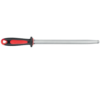 FISCHER slagersmes 35cm ovaal fijnkorrelig rood en grijs handvat