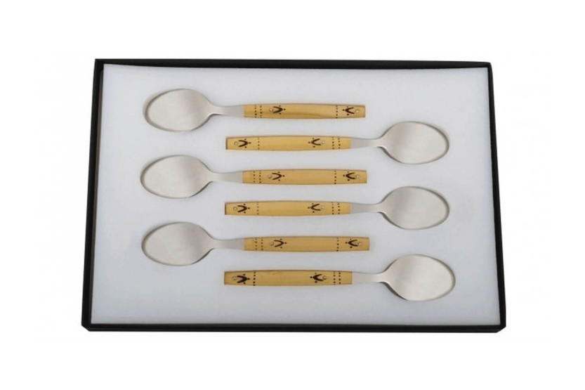 Set van 6 Nontron 87603 koffielepels met rond buxushout handvat, gepyrograveerd 14cm
