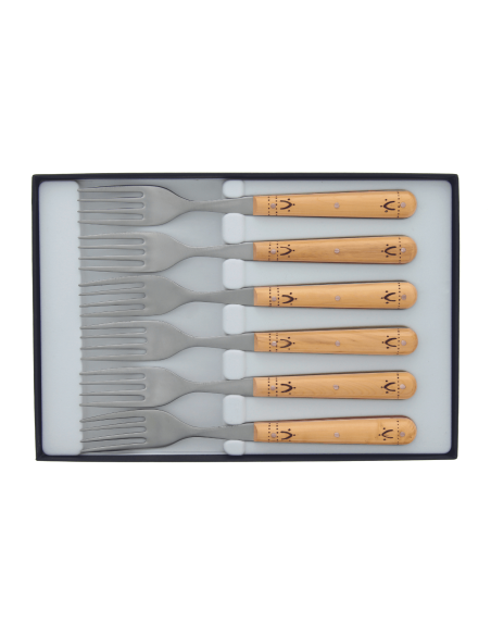 Box med 6 stycken Nontron 87601 bordsgafflar med pyrograferat buxbomshandtag 10cm