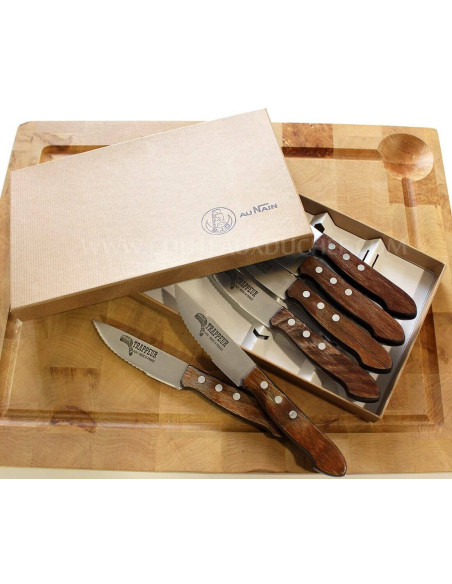 Scatola di 6 coltelli da bistecca  Au Nain Trappeur con lame seghettate - Qualità francese