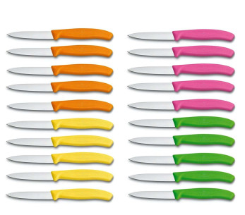 Doos met 20 Victorinox SwissClassic veelkleurige schilmesjes met rechte lemmeten van 8 cm