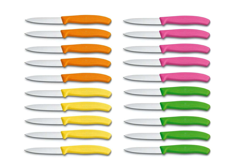 Låda med 20 Victorinox SwissClassic flerfärgade skalknivar med 8 cm raka blad