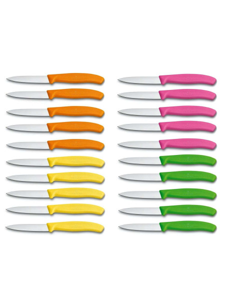Låda med 20 Victorinox SwissClassic flerfärgade skalknivar med 8 cm raka blad