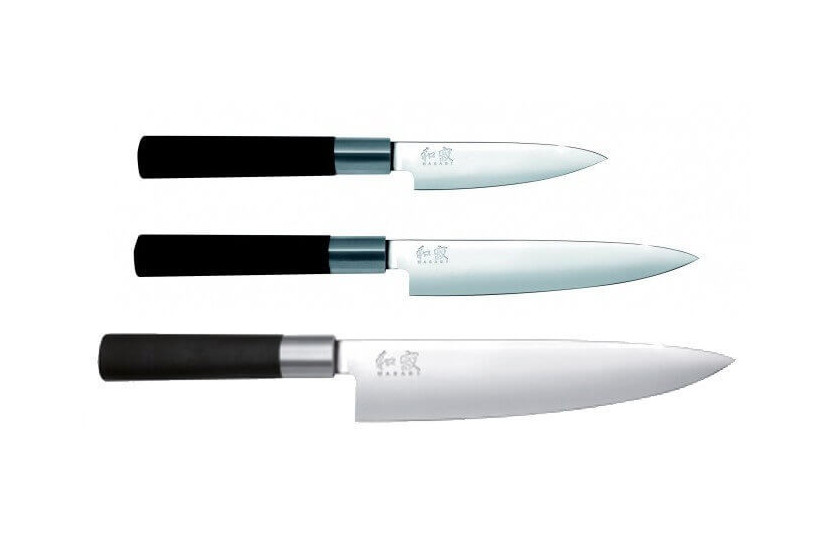 Set med 3 svarta Wasabi-knivar: Universal 10cm och 15cm samt Chef 20cm