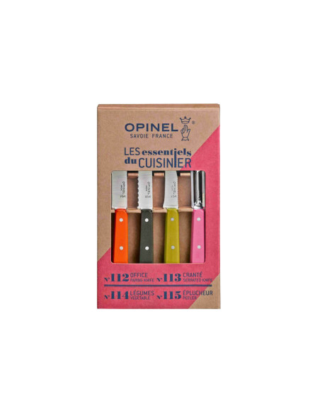 4 Opinel Les Essentiels Fifties -veitsen sarja, jossa on värilliset kahvat.