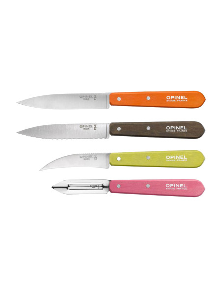 4 Opinel Les Essentiels Fifties -veitsen sarja, jossa on värilliset kahvat.