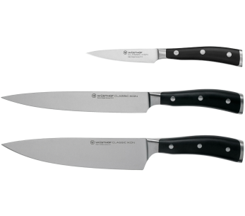 Set med 3 Wüsthof Classic Ikon smidda knivar - office 9cm + tranchelard 20cm + chef 20cm