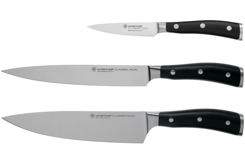 Sett med 3 Wüsthof Classic Ikon smidde kniver - kontor 9 cm + tranchelard 20 cm + kokk 20 cm