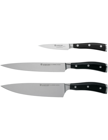 3 kpl Wüsthof Classic Ikon takomaveitset - toimisto 9cm + tranchelard 20cm + kokki 20cm