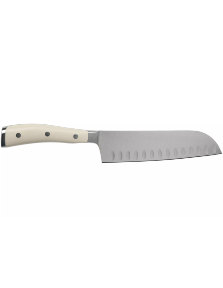 Wüsthof Classic Ikon valkoinen taottu santokuveitsi 17cm, jossa on granton-teräterä