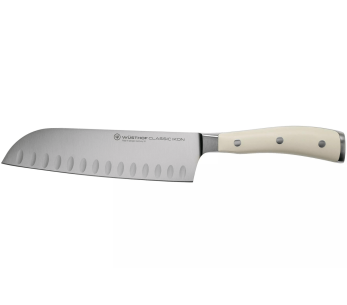 coltello santoku forgiato bianco Wüsthof Classic Ikon con lama con fossetteda 17 cm