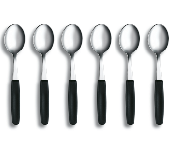 6 Victorinox Swiss Classic -teräksestä valmistetun teelusikan sarja, jossa on musta kahva.