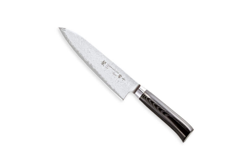 Faca de chef japonesa Tamahagane Kyoto com lâmina de aço Damasco VG5 de 18 cm