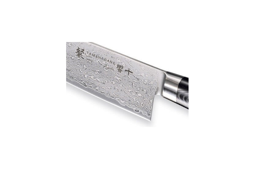 Faca de chef japonesa Tamahagane Kyoto com lâmina de aço Damasco VG5 de 18 cm