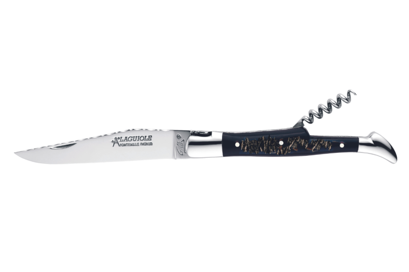 GILLES 8692 Laguiole foldekniv 12 cm med skaft af råt bøffelhorn og proptrækker