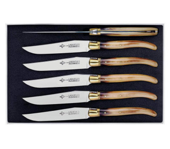 Sett med 6 G.DAVID 21 cm Laguiole armbrøstkniver i rustfritt stål med håndtak i blondt horn