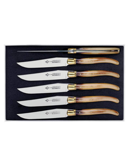 Sett med 6 G.DAVID 21 cm Laguiole armbrøstkniver i rustfritt stål med håndtak i blondt horn