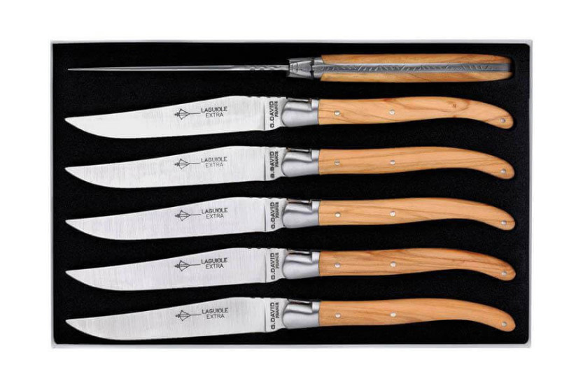 Sett med 6 Laguiole Arbalète-kniver G.DAVID 23 cm i rustfritt stål med håndtak i oliventre