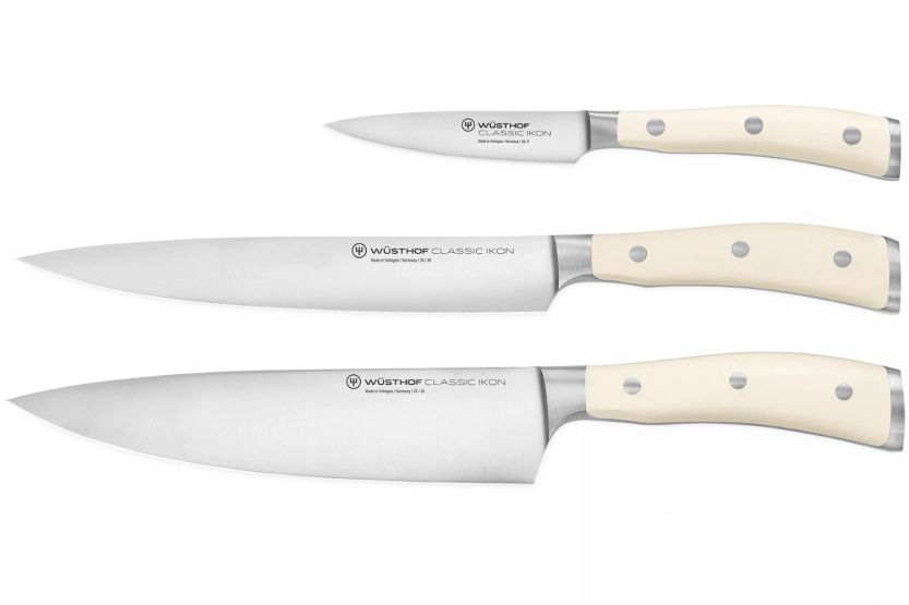 Coffret 3 couteaux Wüsthof Classic Ikon blanc forgés - bureau 9cm + tranchelard 20cm + chef 20cm