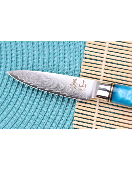 Faca de aparar Kutoyama Damascus, 8 cm, cabo de resina azul