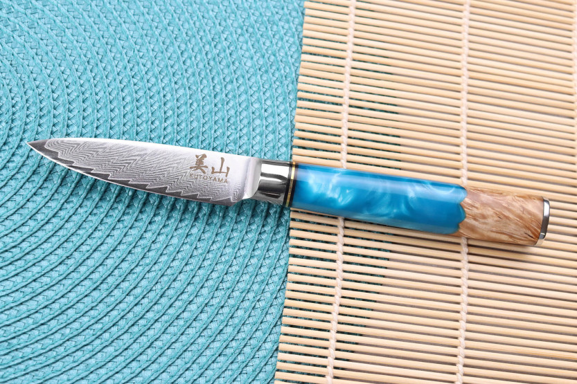 Kutoyama Damascus paring knife 8cm blue resin handle