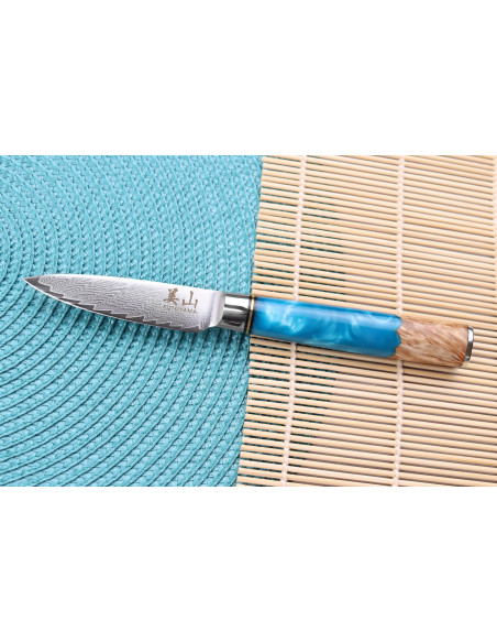 Cuchillo de pelar de Damasco Kutoyama, 8 cm, mango de resina azul