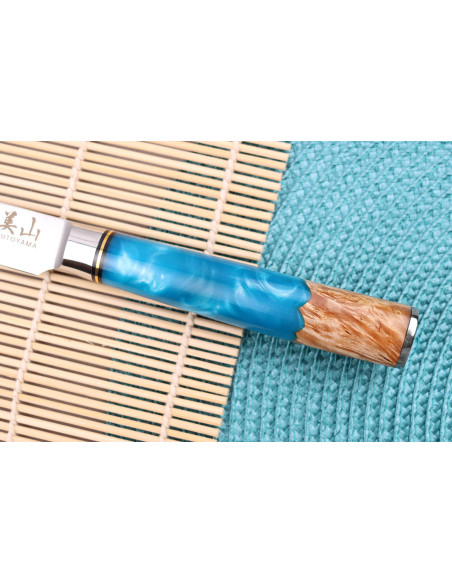 Kutoyama Damascus schilmesje 8cm blauw hars handvat