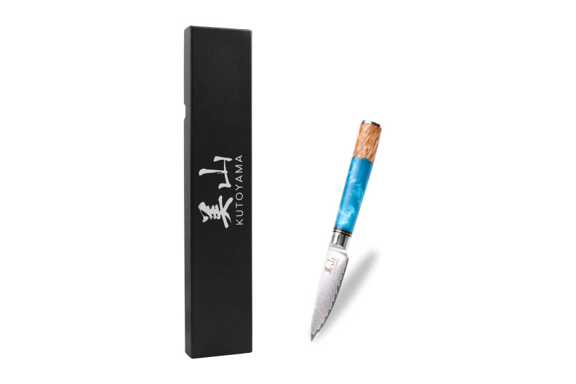 Kutoyama Damascus paring knife 8cm blue resin handle