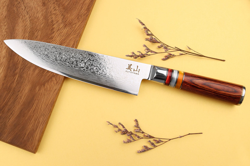 20cm Kutoyama damascus koksmes met pakka handvat en acryl ringen