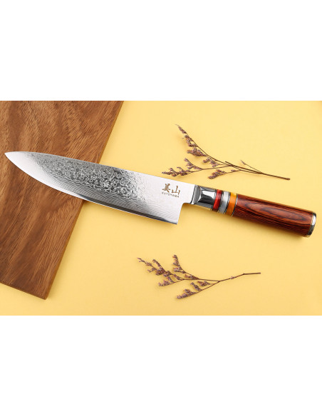 20cm Kutoyama damascus chef ' s knife with pakka handle and acrylic rings