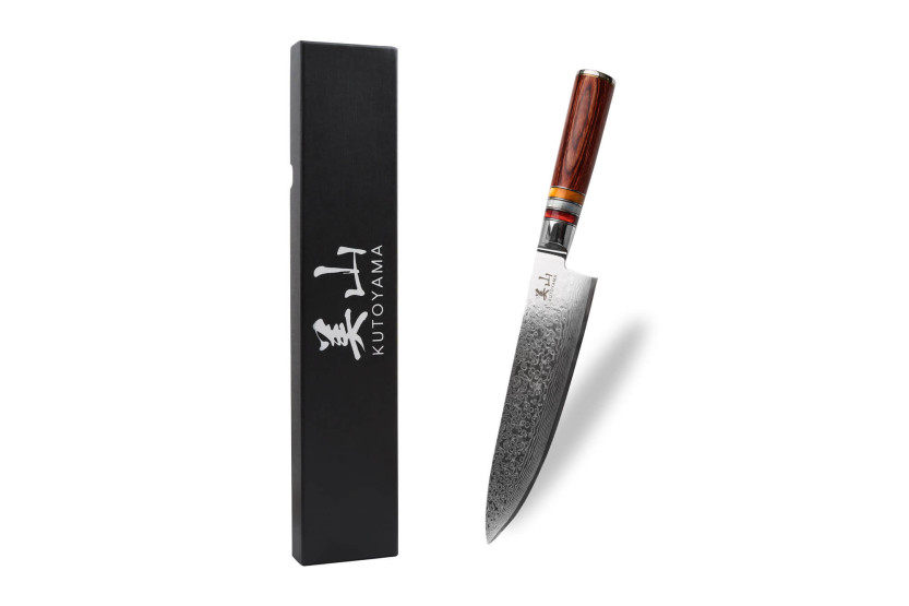 20cm Kutoyama damascus chef ' s knife with pakka handle and acrylic rings