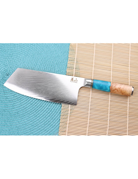 Chinesisches Kochmesser 20cm Kutoyama Damast Griff Harz blau