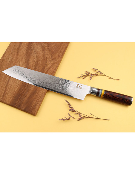 Cuchillo kiritsuke Kutoyama damasco Cuchillo kiritsuke de 24cm con mango pakka y anillas acrílicas