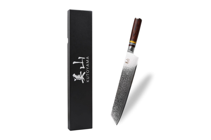 Cuchillo kiritsuke Kutoyama damasco Cuchillo kiritsuke de 24cm con mango pakka y anillas acrílicas