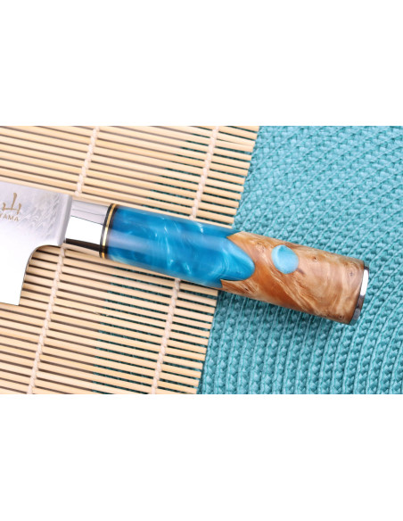 nakiri knife 17cm Kutoyama damascus blue resin handle