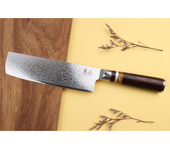 coltello nakiri Kutoyama in damasco da 17 cm con manico in pakka e anelli in acrilico 2