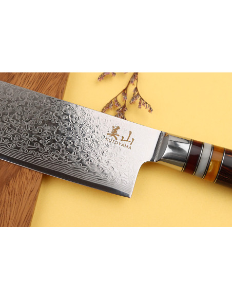 faca nakiri de damasco Kutoyama de 17 cm com cabo pakka e anéis de acrílico