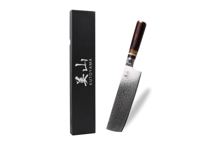 faca nakiri de damasco Kutoyama de 17 cm com cabo pakka e anéis de acrílico