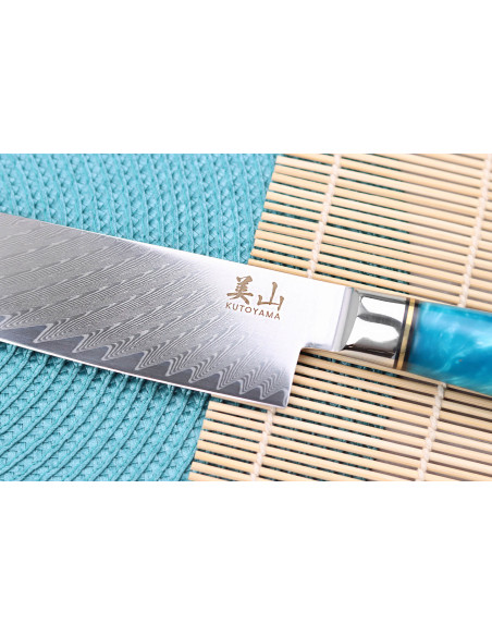 17 cm Kutoyama damaskus santoku-kniv med blåt resinhåndtag