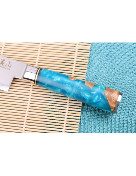 faca santoku de damasco Kutoyama de 17 cm com cabo de resina azul