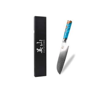 faca santoku de damasco Kutoyama de 17 cm com cabo de resina azul