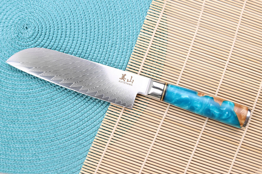 santokumesser 17cm Kutoyama Damast Griff Harz blau